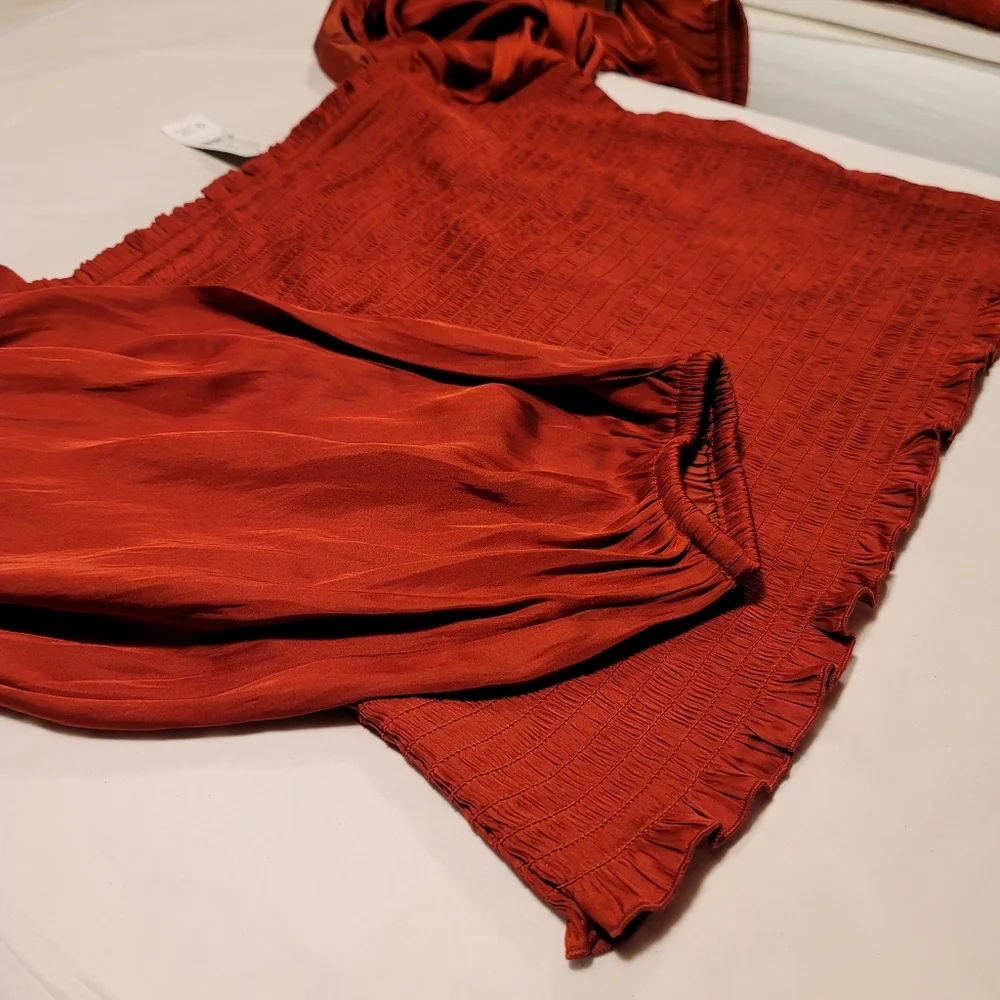 New! J. Crew sz Large L Squareneck Smocked Rusty Red satin crop top NWT